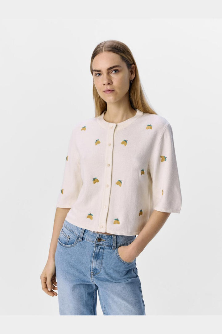 Object - Objthess 3/4 Sleeve Cardigan - 4782493 Cloud Dancer Lemon Embroidery