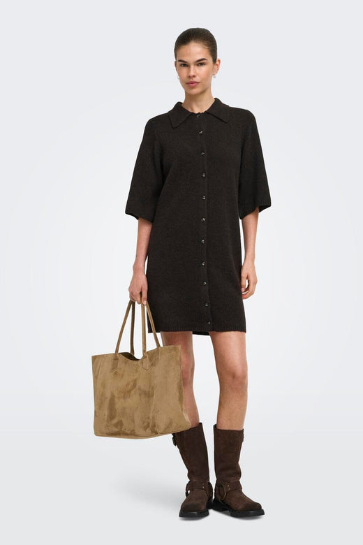 Only - Onlalivia 2/4 Collar Dress Knt - 5119241 Coffee Bean Dtm Button/Melange Kjoler 