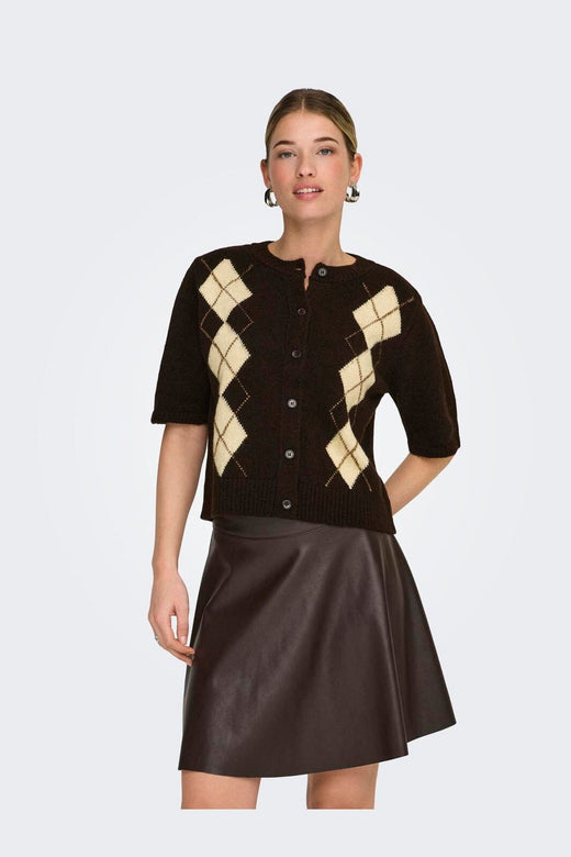 Only - Onlarzi 2/4 Jaq O-Neck Cardigan Knt - 5103942 Coffee Bean Harlequin/Birch/Walnut/Dtm Button