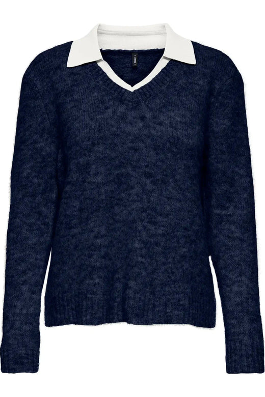 Only - Onlazu Ls Polo Neck Knt - 4959032 Navy Blazer Melange/Cloud Dancer Strikbluser 