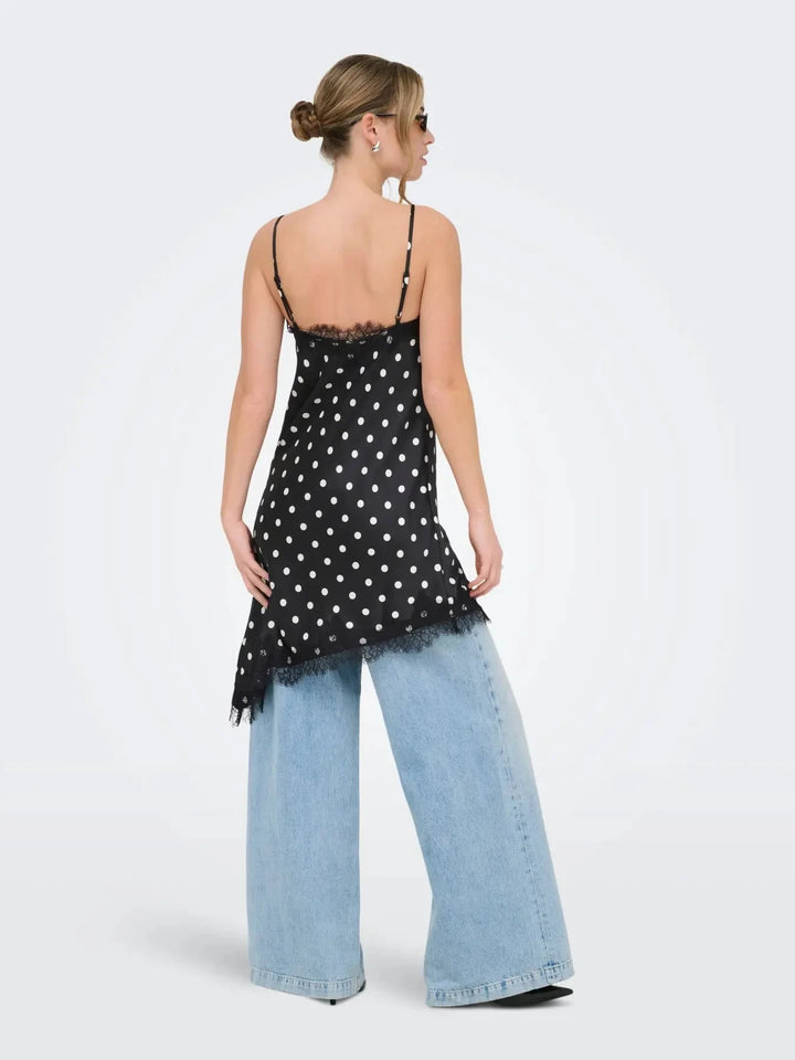 Only - Onlbella Strap Satin Lace Dress - 5126133 Black White Dot And Black Lace Kjoler 