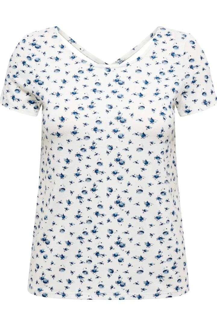 Only - Onlbera Back Lace Up S/S Top - 4967491 Cloud Dancer Tania Blue Flower T-shirts 