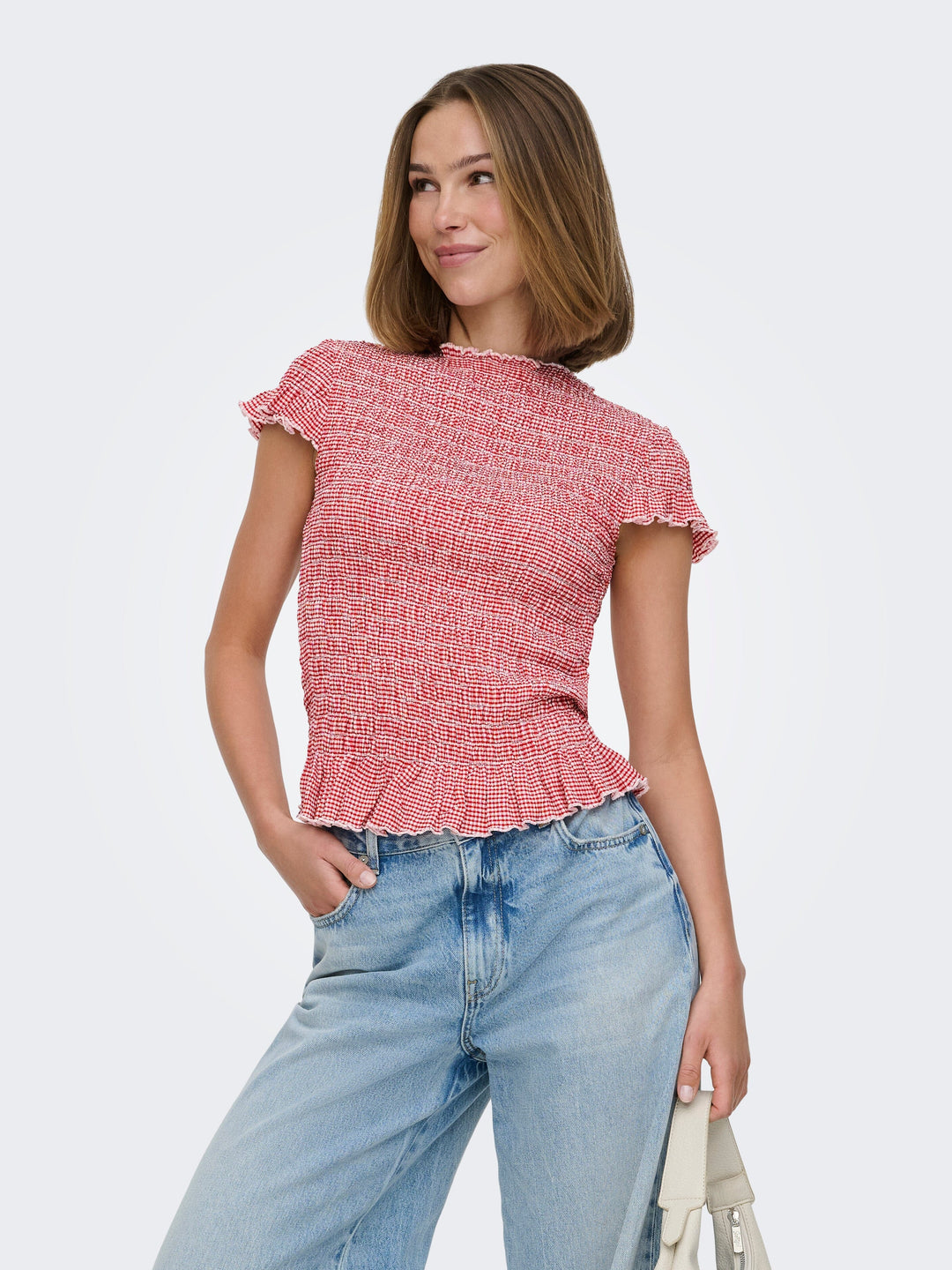 Only - Onlcelle Life Cap Smock Boatneck Top - 4962067 Barbados Cherry Cloud Dancer (Cil) Toppe 