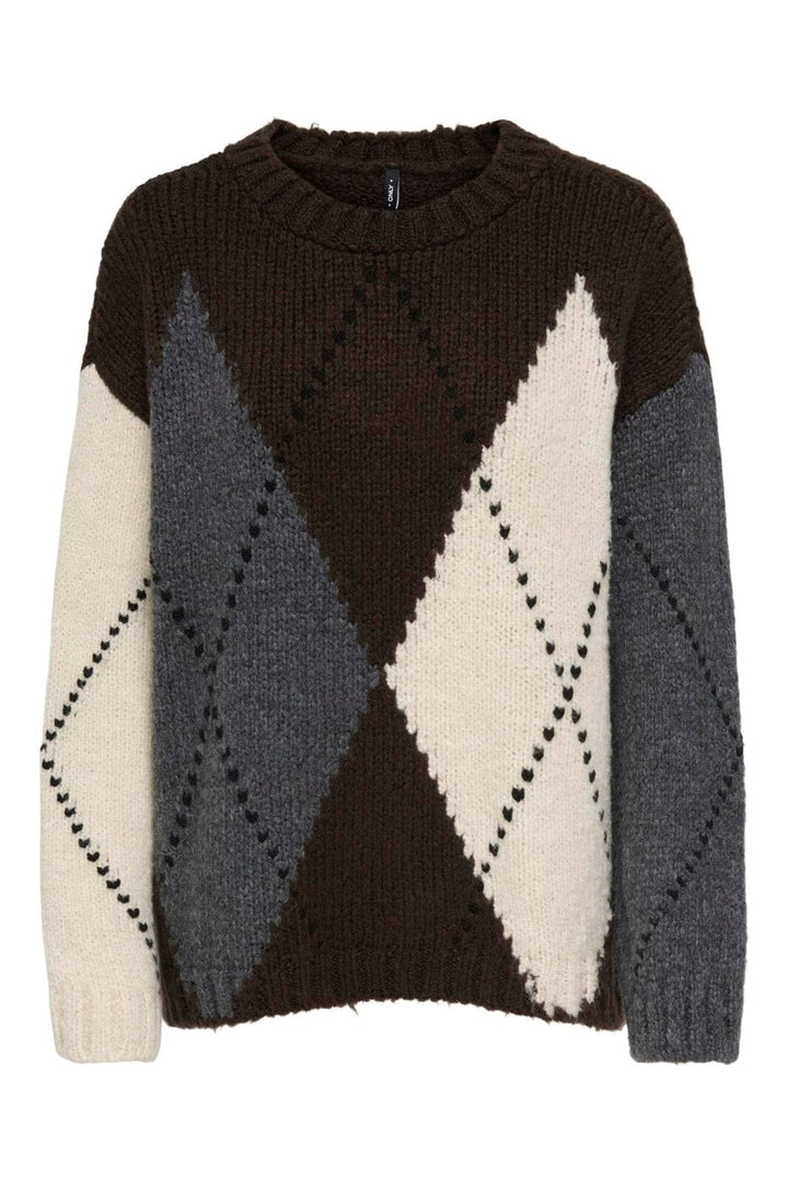 Only - Onlcozy Ls Argyle O-Neck Knt - 5103097 Coffee Bean Argyle/Birch/Dgm/Black