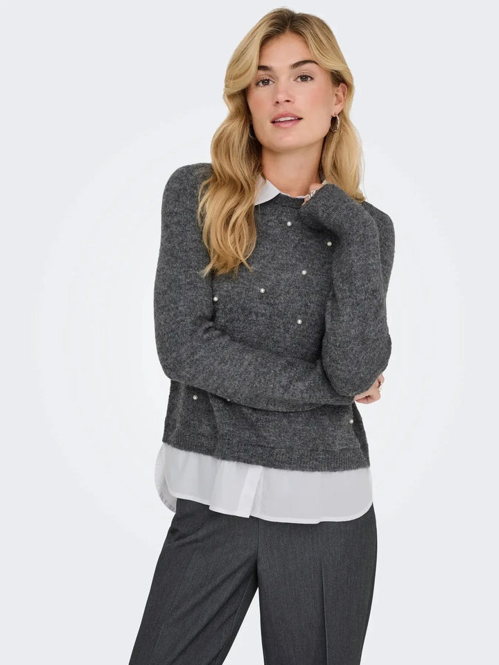 Only - Onldolly Ls Woven Mix Pearl Pull Cc Knt - 4807293 Medium Grey Melange W. Cloud Dancer Woven Mix Strikbluser 