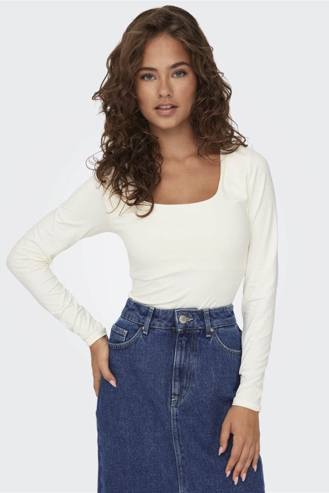 Only - Onlea L/S 2-Way Deep Neck Top - 4372228 Cloud Dancer