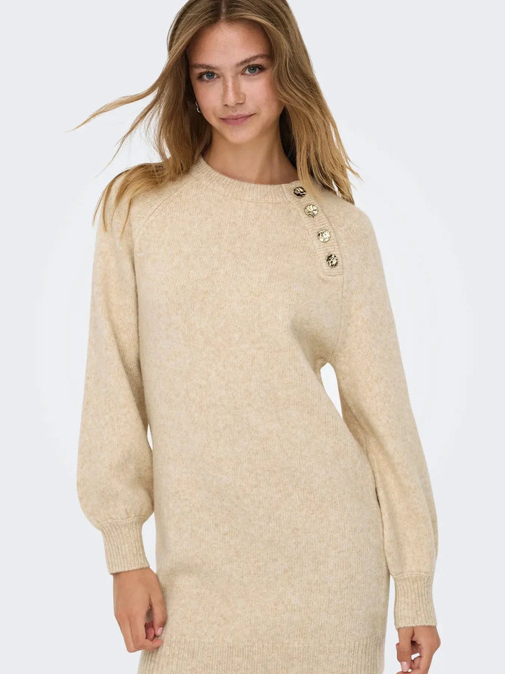Only - Onlemma Life Ls Button Onec Dress Cc Knt - 4853470 Pumice Stone Melange/Gold Button Kjoler 