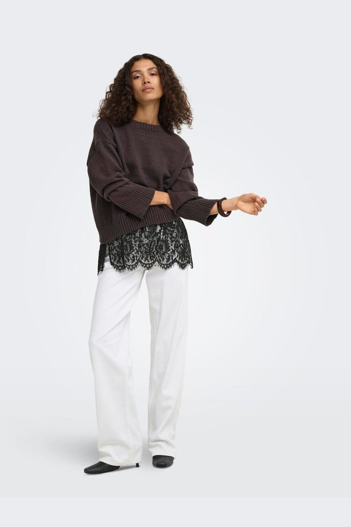 Only - Onlevie Ls Lace Mix O-Neck Knt - 5128826 Coffee Bean Black Lace