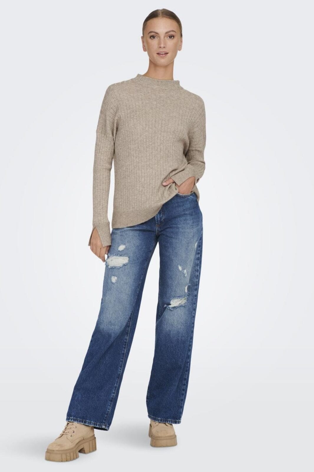 Only - Onlfia Katia L/S Rib Pullover Knt - 4110619 Beige Melange