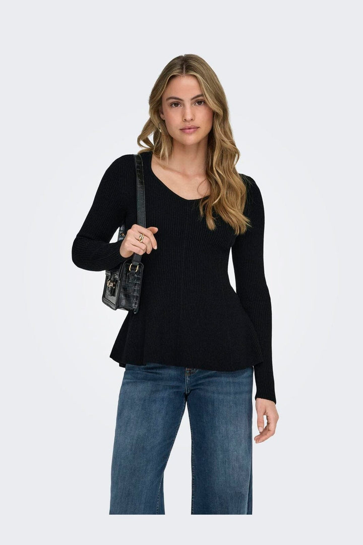 Only - Onlibi Ls V-Neck Rib Peplum Cc Knt - 5021069 Black