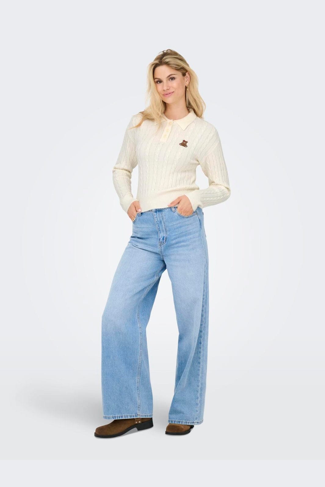 Only - Onlkatia Ls Cable Polo Cc Knt - 4957867 Baby'S Breath Teddy Emb/Dtm Button