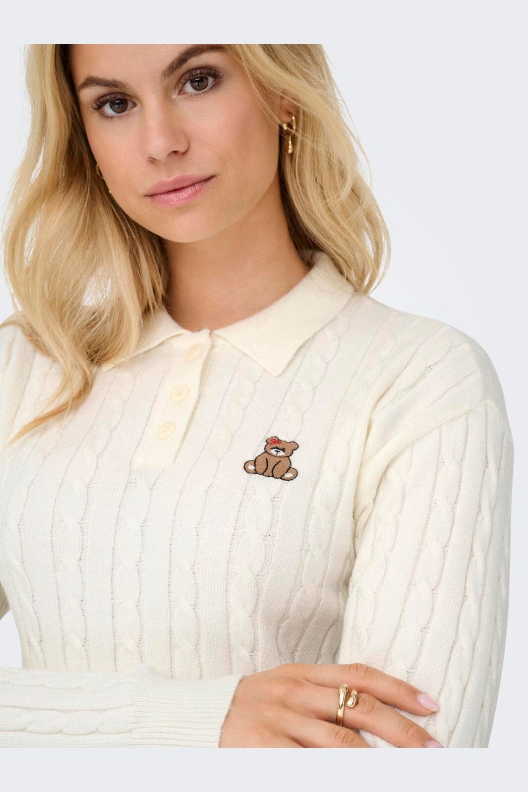 Only - Onlkatia Ls Cable Polo Cc Knt - 4957867 Baby'S Breath Teddy Emb/Dtm Button