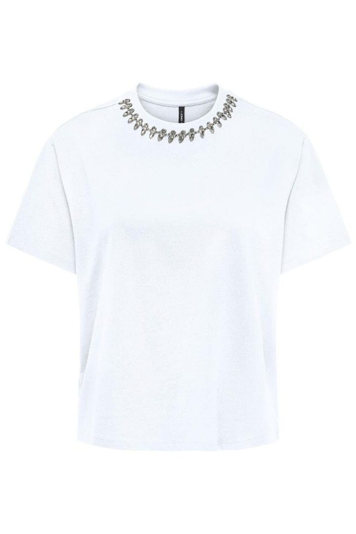 Only - Onlkiara Life S/S O-Neck Top - 4702661 Bright White Rhinestone+Metal Decoband