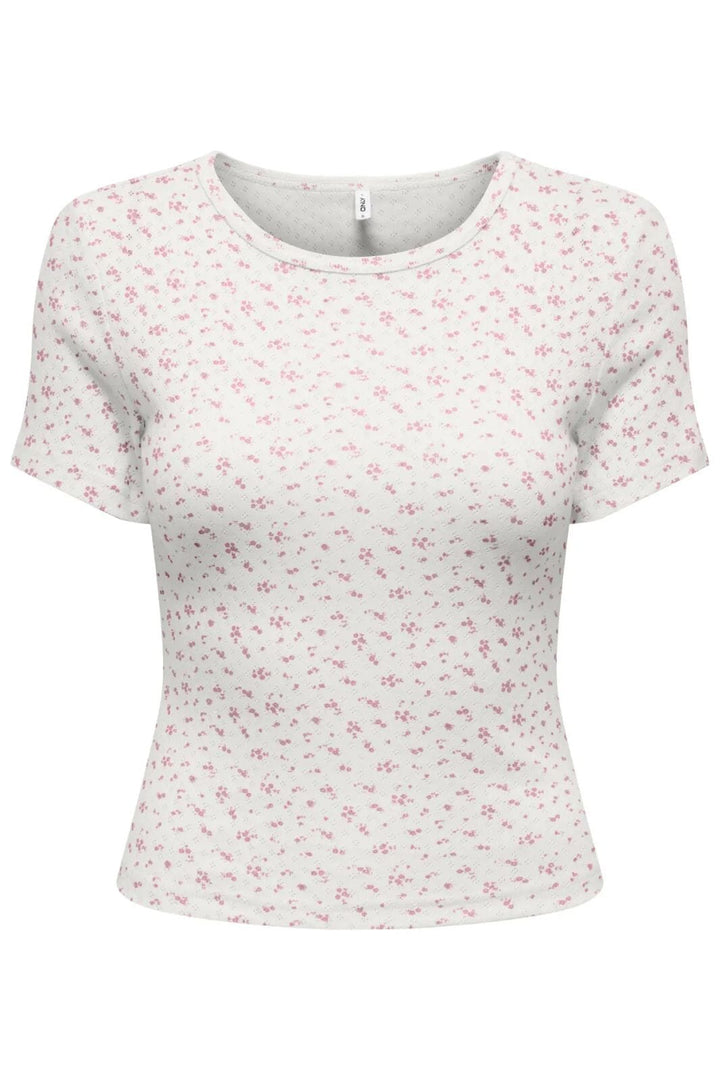 Only - Onlmadison S/S O-Neck Baby Tee - 5011783 Cloud Dancer Gry Flower Romance Rose T-shirts 