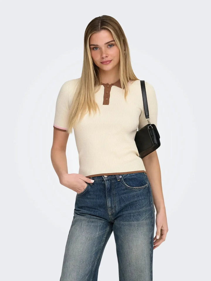 Only - Onlmeddi Life Ss Contrast Polo Cc Knt - 4972164 Birch Toasted/Romance Rose/Dtm Button T-shirts 