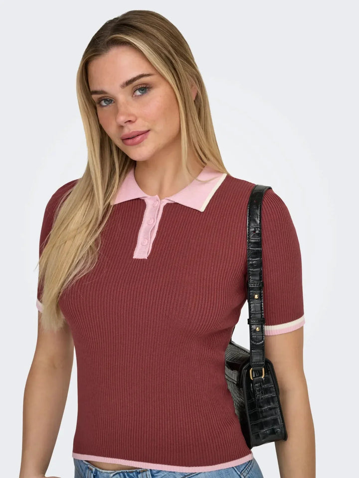 Only - Onlmeddi Life Ss Contrast Polo Cc Knt - 4972165 Spiced Apple Romance Rose/Birch/Dtm Button T-shirts 