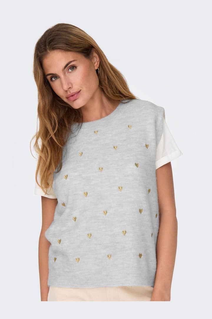 Only - Onlmelody Sl Embroidery O-Neck Knt - 4919768 Light Grey Melange Light Gold Hearts