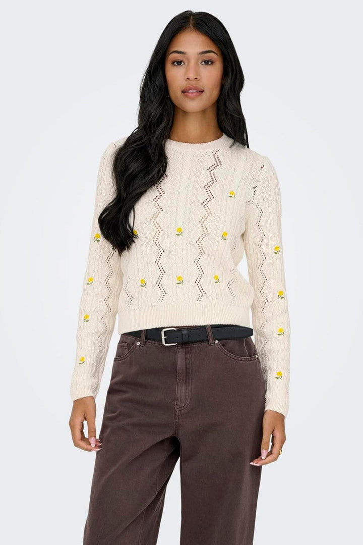 Only - Onlrita Life Ls Embr Cable Knt - 4862605 Ecru Yellow Flower