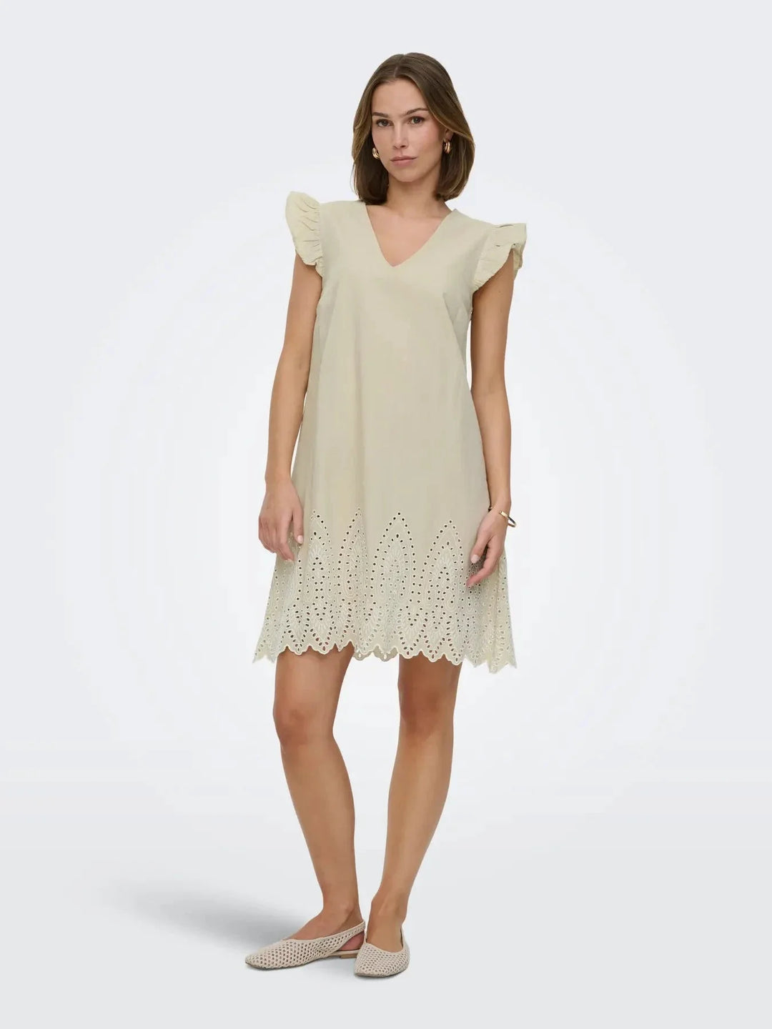 Only - Onltulum Emb S/S Dress - 4961287 Olive Gray Bright White Emb Kjoler 