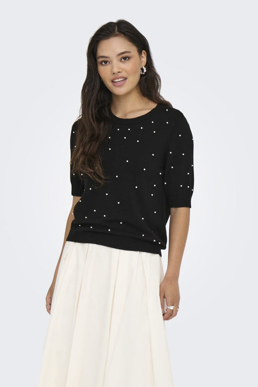 Only - Onlvenice Life Ss Pearl O-Neck Knt - 4894634 Black White Pearls Toppe 
