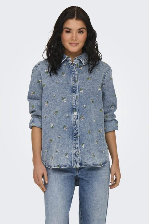 Only - Onlvera L/S Flower Emb Shirt Yor - 4794054 Light Blue Denim Flower Emb