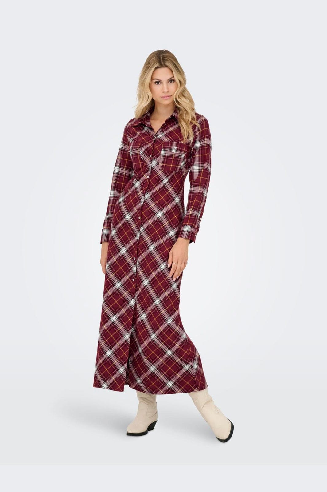 Only - Onlwren Check L/S Long Shirt Dress - 4970170 Syrah Checked Pulse
