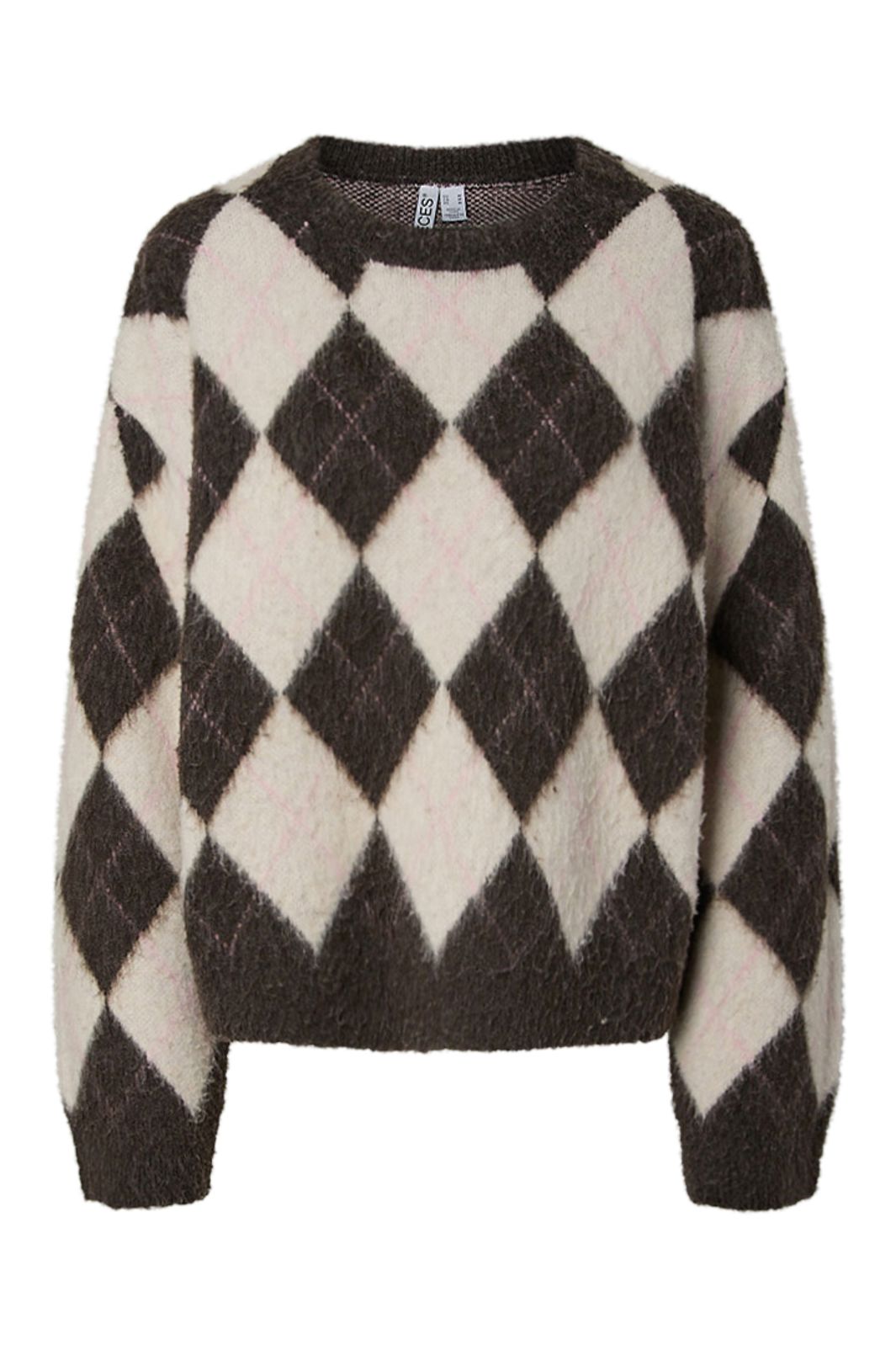 Pieces - Pcalva Ls Loose O-Neck Check Knit - 5137200 Hot Fudge W. Birch + Sea Pink