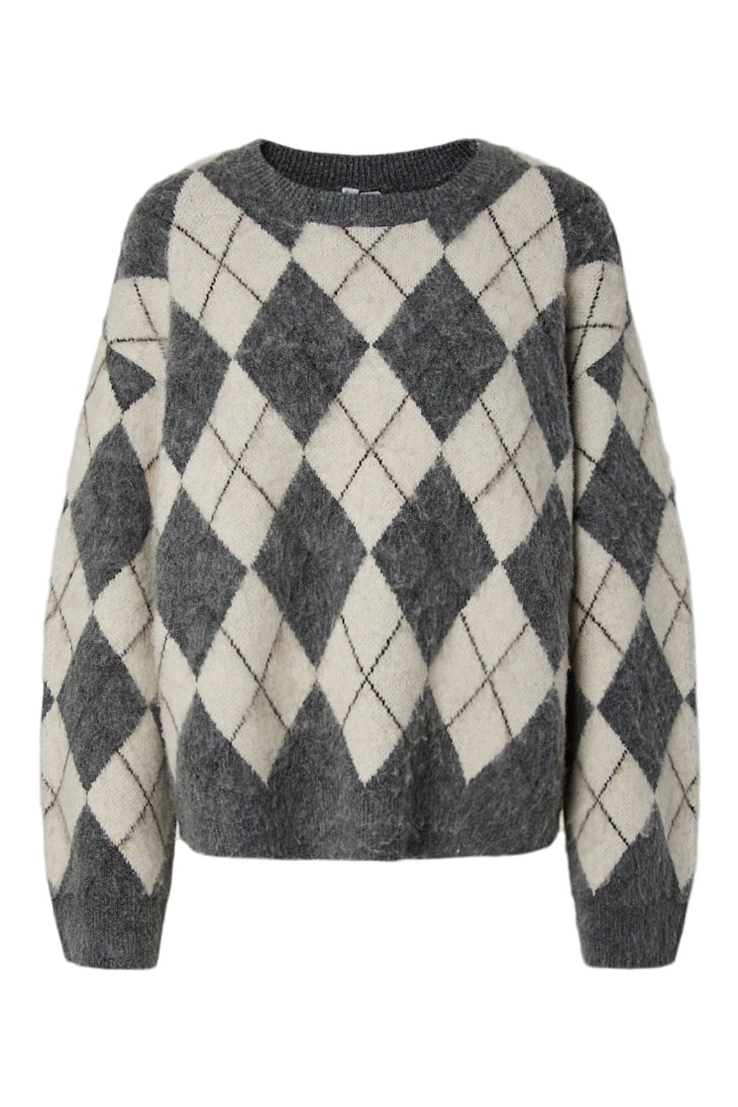 Pieces - Pcalva Ls Loose O-Neck Check Knit - 5137201 Dark Grey Melange W. Birch + Hot Fudge