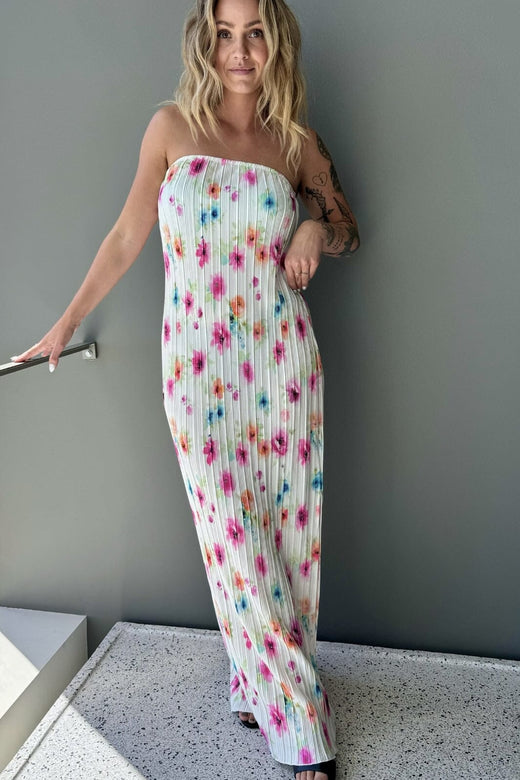 Pieces - Pcamber Maxi Tube Dress Kca - 4842935 Bright White Blurry Flowers Kjoler 