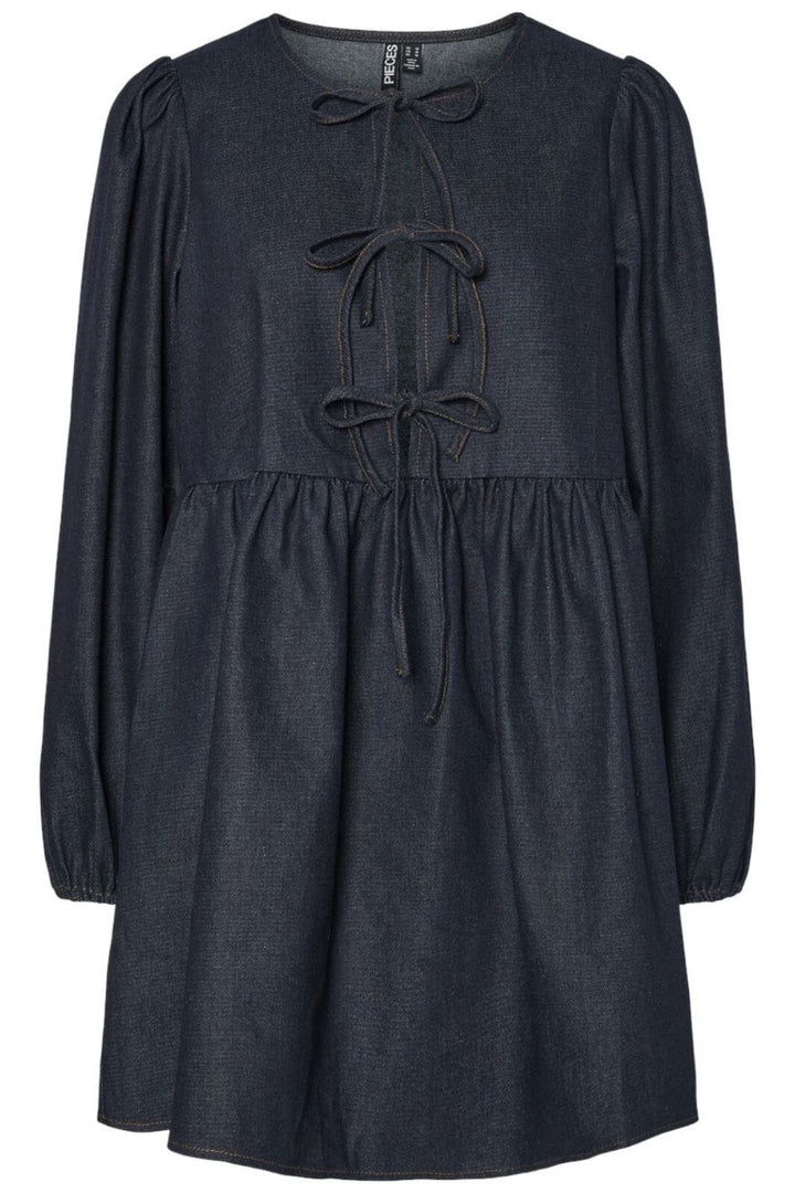 Pieces - Pcasta Ls O-Neck Tie Denim Dress - 4821746 Dark Blue Denim Unwashed