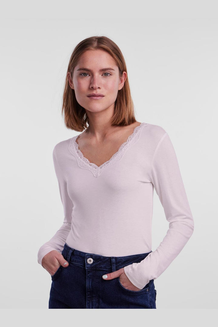Pieces - Pcbarbera Ls Lace Top - 188927 Bright White