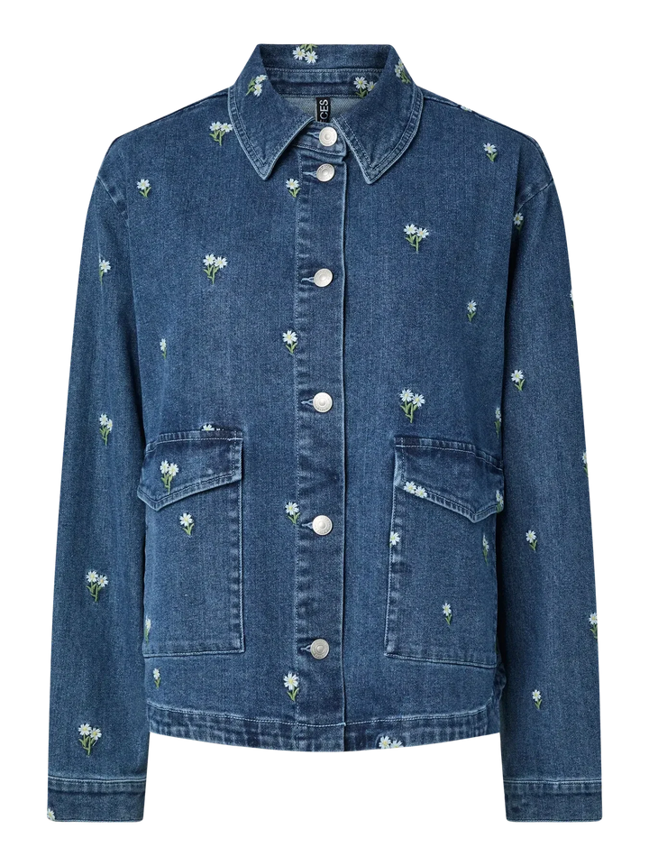 Pieces - Pcflora Ls Denim Emb Shirt - 5068168 Medium Blue Denim White Flower Embroidery Skjorter 