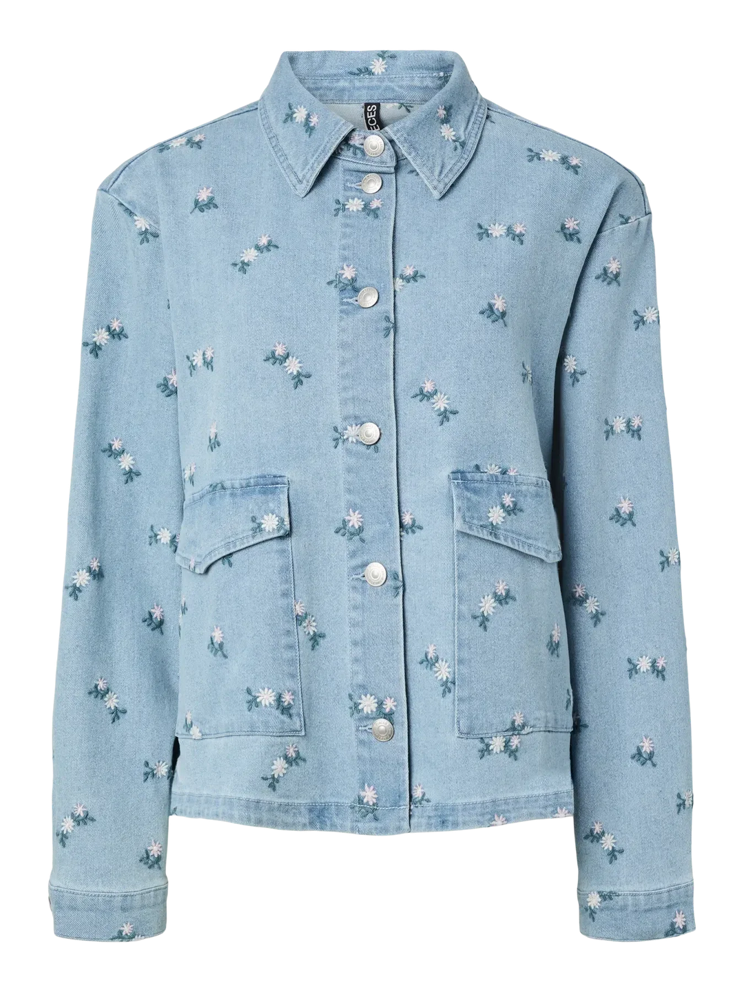 Pieces - Pcflora Ls Denim Emb Shirt - 5068169 Light Blue Denim Pink Flower Embroidery Skjorter 