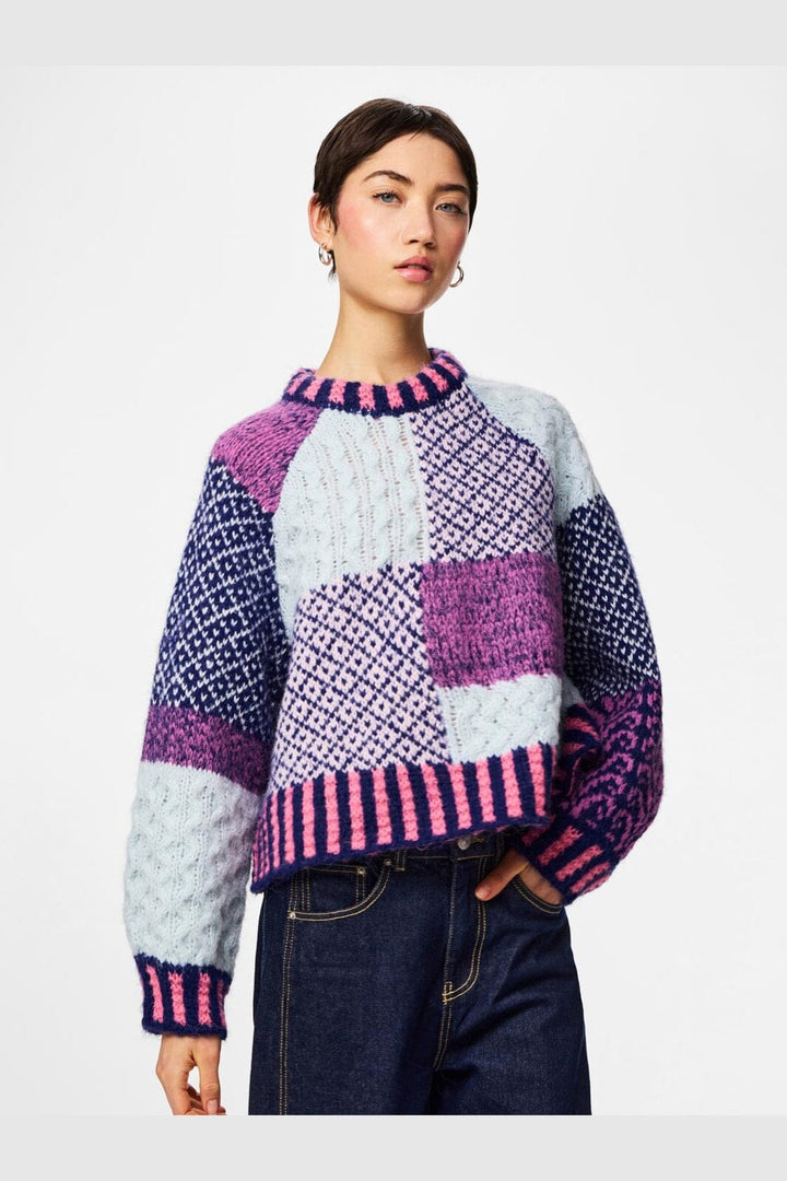 Pieces - Pcfusion Ls O-Neck Colorblock Knit - 5129669 Sachet Pink Blue And Purple Colorblock