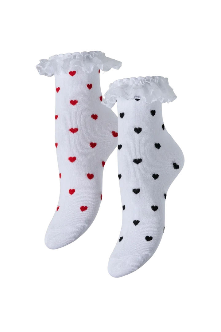 Pieces - Pcjoline Xmas Lace Heart Sock 2 Pack - 4821503 Bright White Red Heart/Black Heart Strømper 
