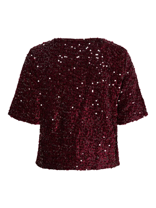 Pieces - Pckam Ss Top - 4859171 Tawny Port Tawney Port Sequins Toppe 
