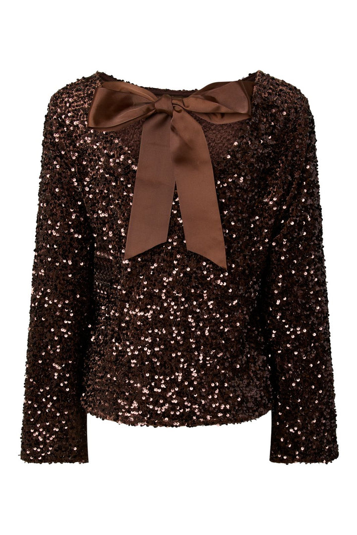 Pieces - Pckammy Ls Deep Back Bow Top - 5121566 Chicory Coffee Brown Sequins