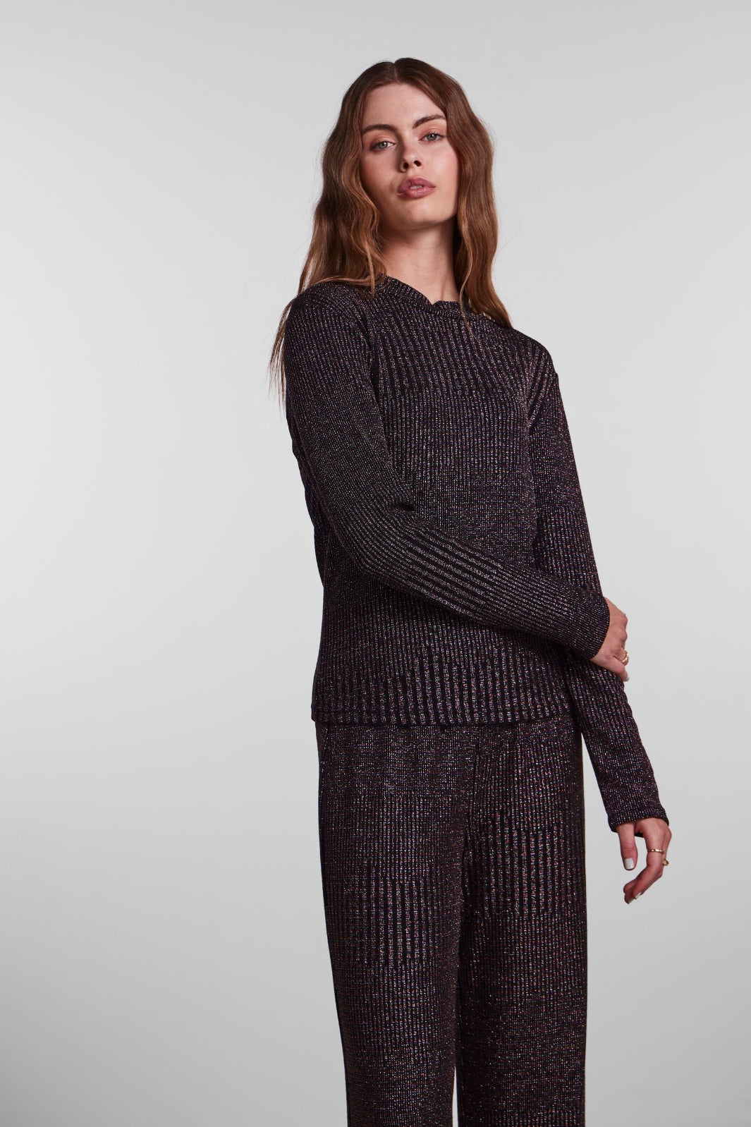 Pieces - PcMary Ls Top - Black Detail Glitter Bluser 