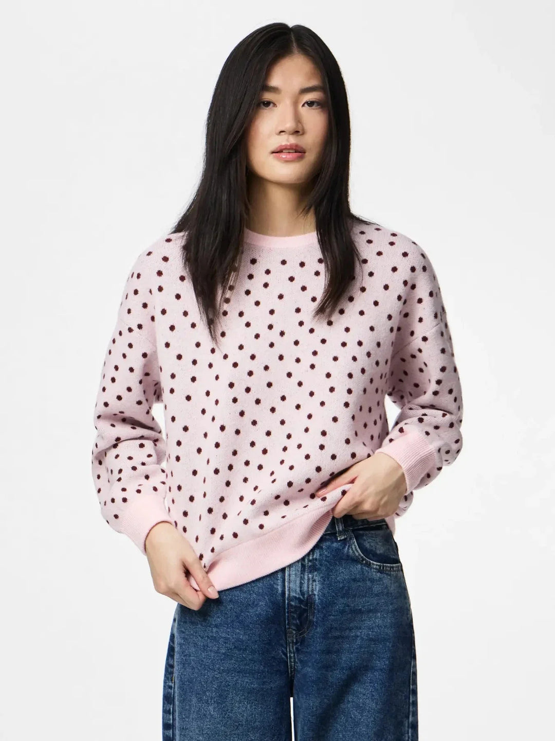 Pieces - Pcnancy Ls O-Neck Dot Knit - 5098308 Roseate Spoonbill Winetasting Dots Strikbluser 