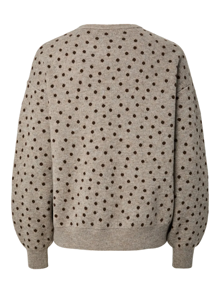 Pieces - Pcnancy Ls O-Neck Dot Knit - 5098309 Fossil Fudge Dots Strikbluser 