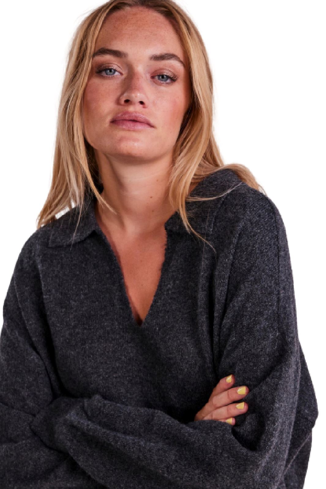 Pieces - Pcnoola Ls Oversize Polo Knit - Dark Grey Melange