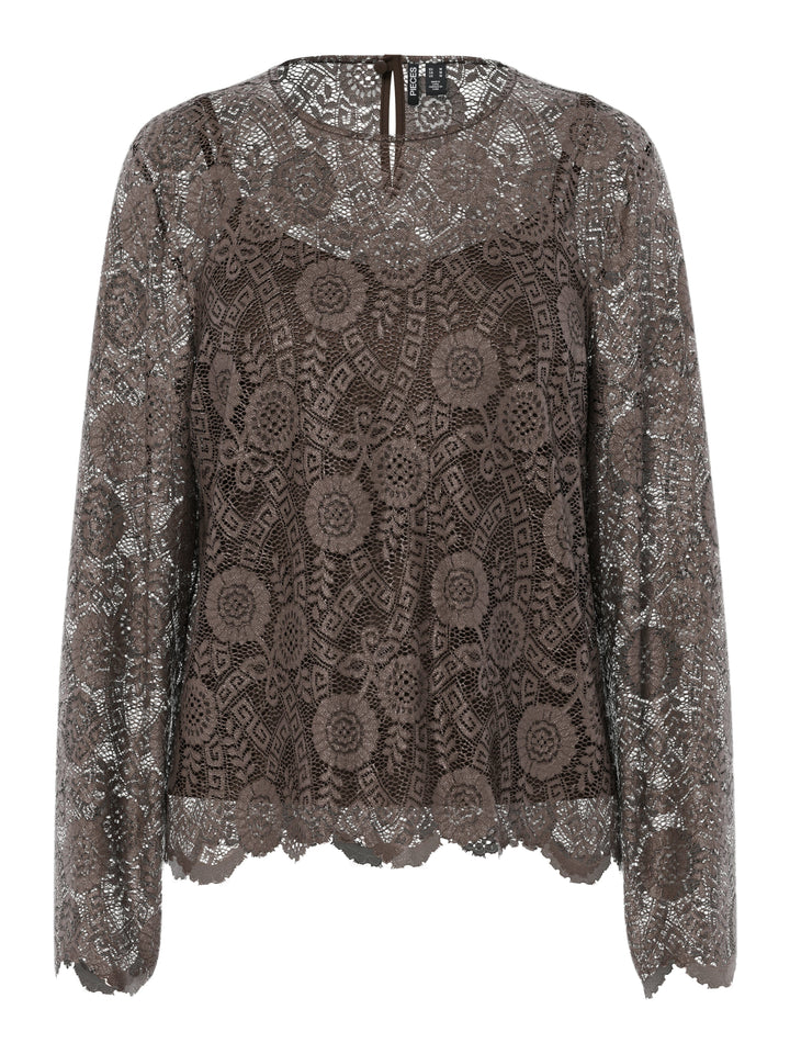 Pieces - Pcolline Ls Lace O-Neck Top - 4864825 Hot Fudge