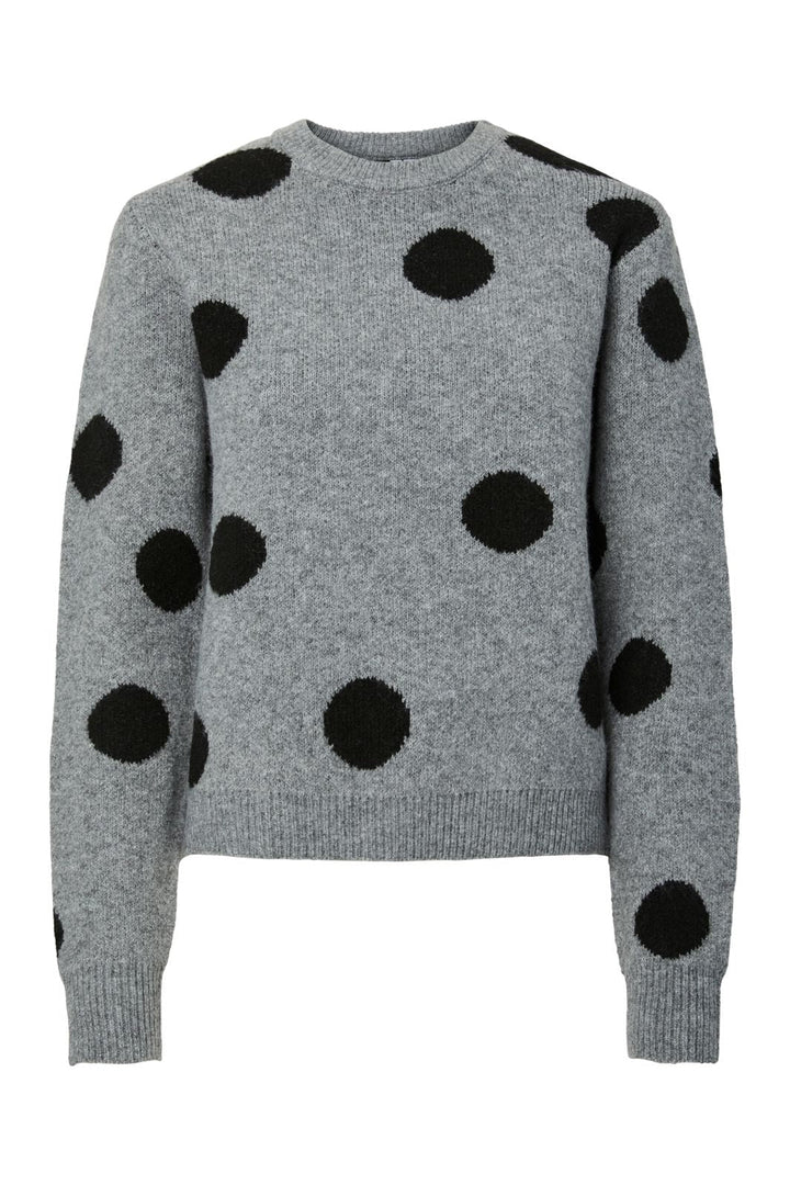 Pieces - Pcosla Ls O-Neck Knit Pullover - 4993185 Medium Grey Melange Black Dots