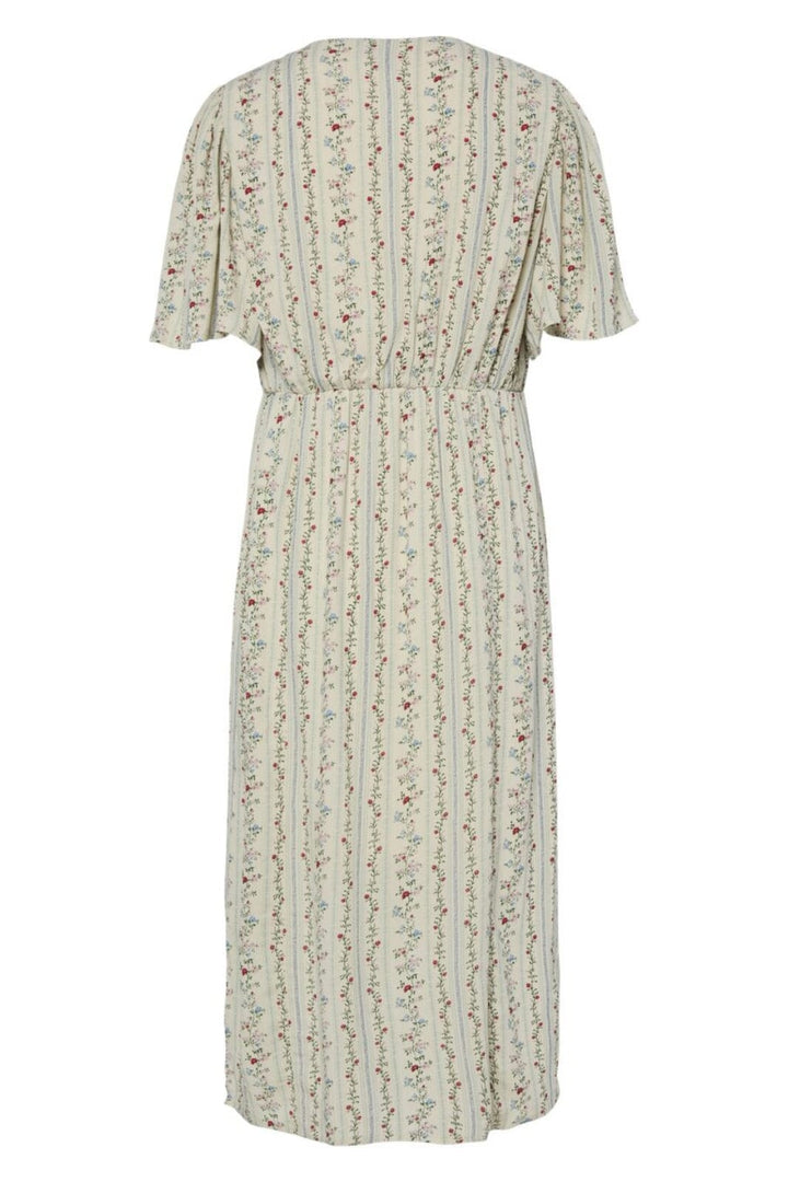 Pieces - Pctaitlyn Ss V-Neck Midi Dress - 4822602 Birch Striped Flower