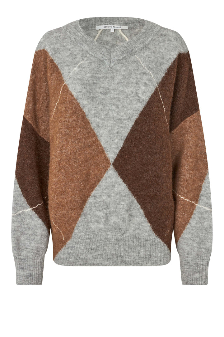 Second Female - Forca Knit V-Neck 61034 - 7001 Light Grey Melange Strikbluser 
