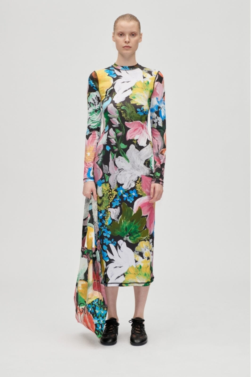 Stine Goya - 2244 Stocking Jersey, Pullover Long Sleeve Midi Dresssg-aw25-d074-2244 - Flowers Under The Sun