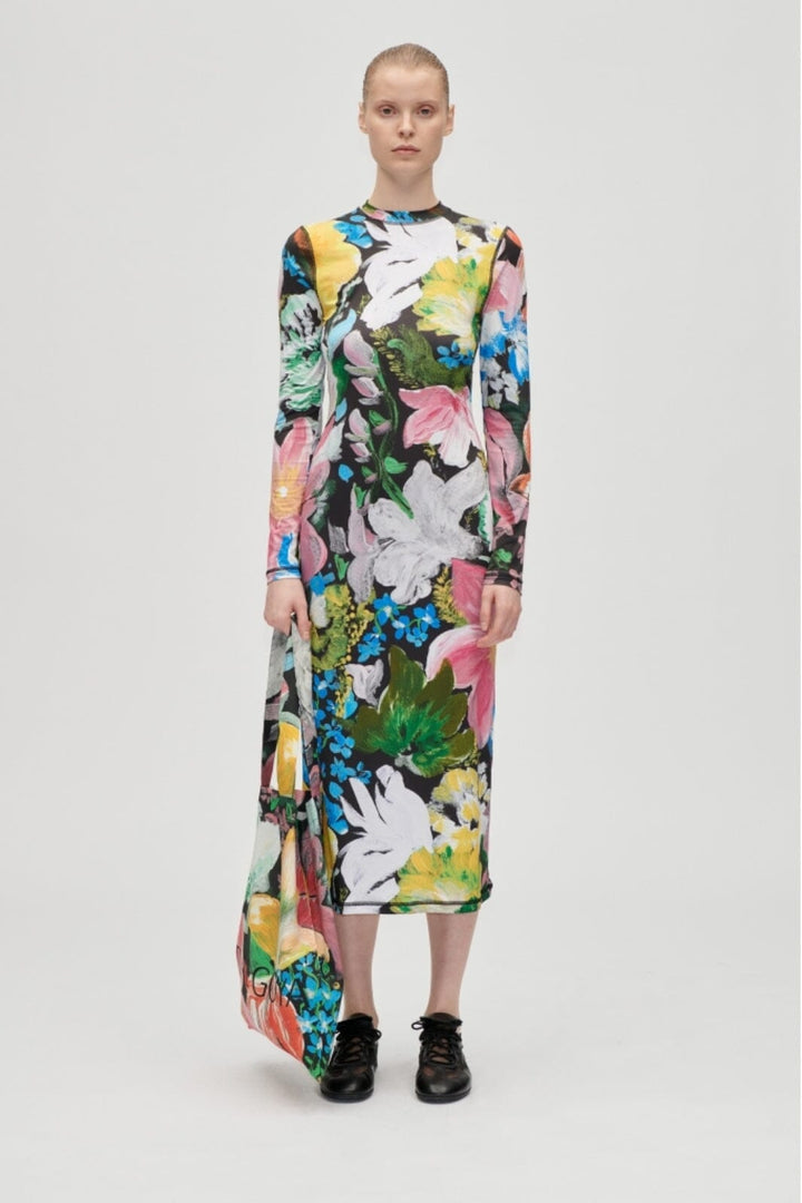 Stine Goya - 2244 Stocking Jersey, Pullover Long Sleeve Midi Dresssg-aw25-d074-2244 - Flowers Under The Sun