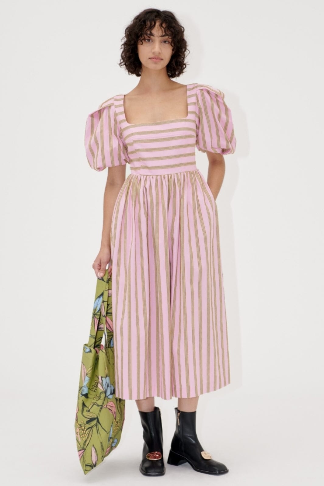 Stine Goya - 2344 Soft Jacquard Weave, Blouson Sleeve Midi Dress sg-ss25-d113-2344 - Wallpaper Stripes