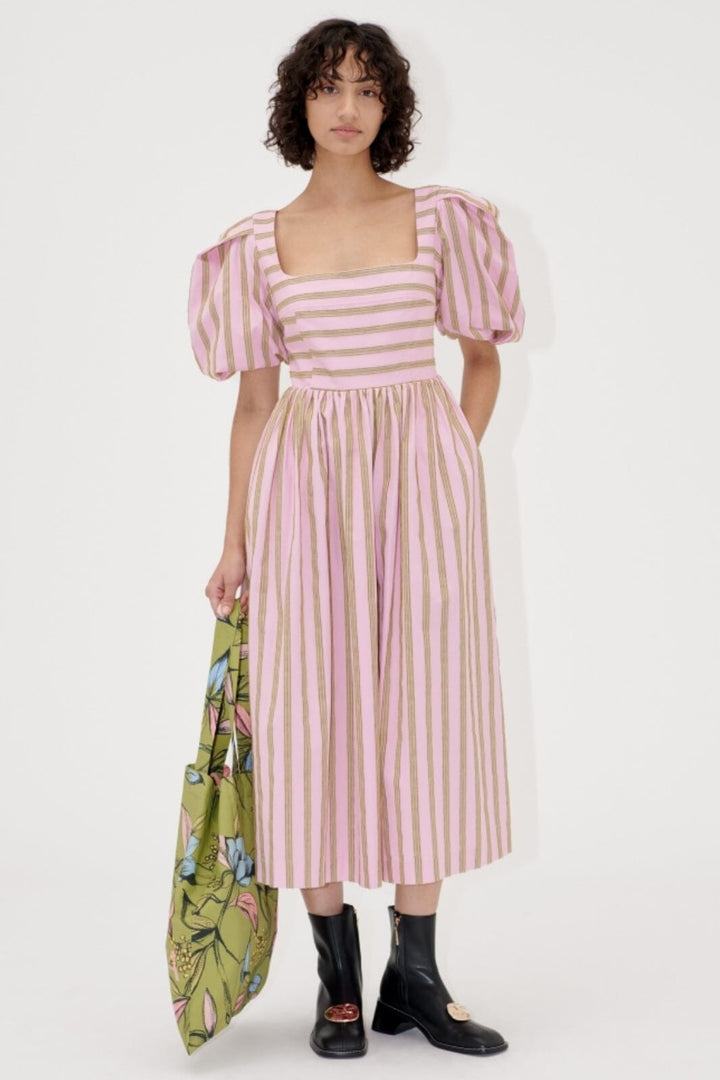 Stine Goya - 2344 Soft Jacquard Weave, Blouson Sleeve Midi Dress sg-ss25-d113-2344 - Wallpaper Stripes