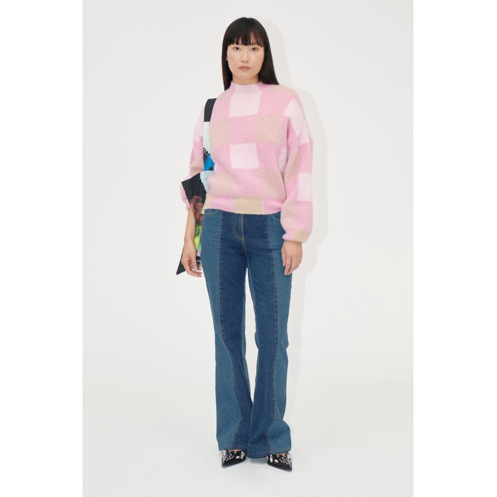 Stine Goya - Gingham Check Sweater, 2327 Alpaca Knit - Pink Gingham Check